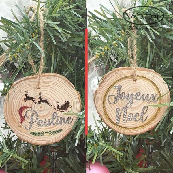 Boule de Noël – Rondin de bois Traineau personnalisé
