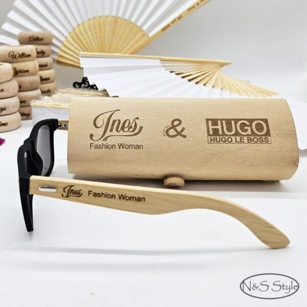 Lunettes de soleil branches en bois de bambou et son étui personnalisées gravées pour fêtes, mariage, anniversaire et même les vacances – Image 3