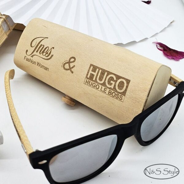 Lunettes de soleil branches en bois de bambou et son étui personnalisées gravées pour fêtes, mariage, anniversaire et même les vacances