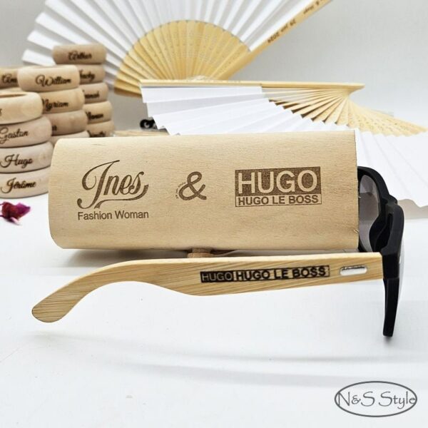 Lunettes de soleil branches en bois de bambou et son étui personnalisées gravées pour fêtes, mariage, anniversaire et même les vacances – Image 2